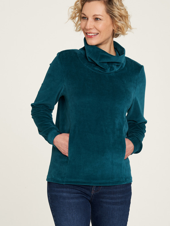 Tranquillo Petrolfarbenes Samt-Sweatshirt mit Kragen Tranquillo