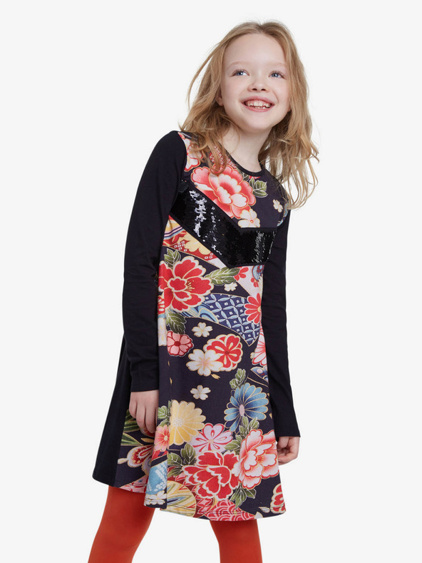 Desigual Schwarzes Mädchenkleid mit bunten Motiven Desigual Vest Minatitlan