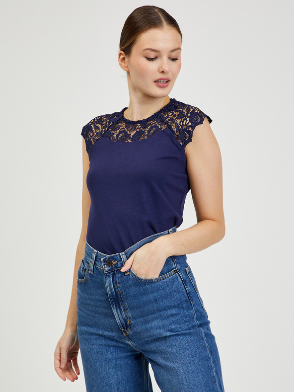 Orsay Dunkelblaues Damen-T-Shirt mit Spitze ORSAY