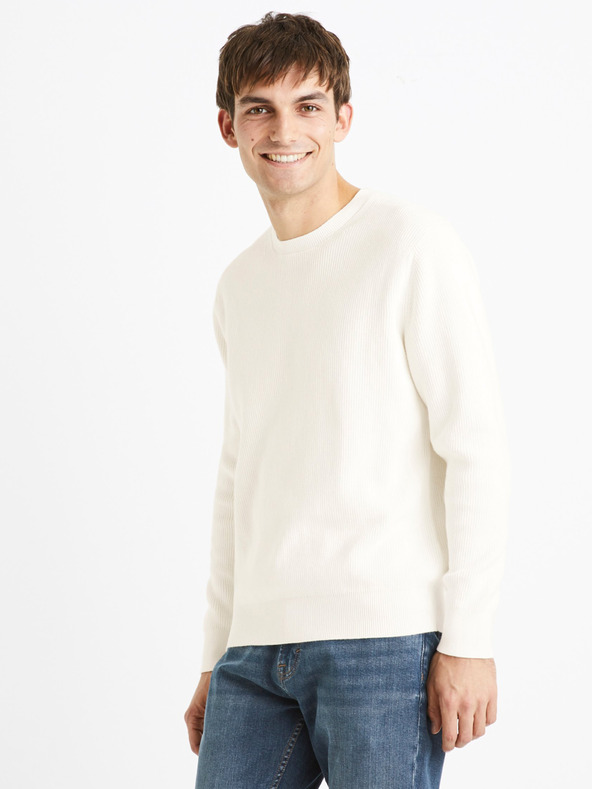 Celio Cremefarbener gerippter Basic-Pullover für Herren Celio Dexter