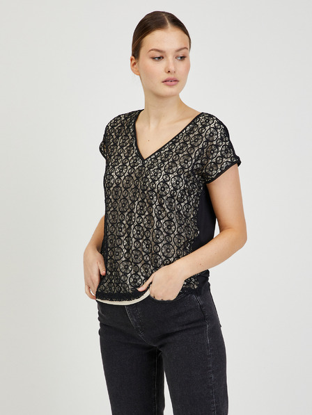 Orsay Beige-schwarzes Damen T-Shirt aus Spitze ORSAY