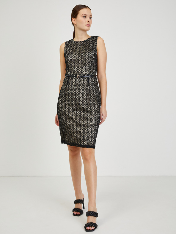 Orsay Beige-schwarzes Damen Etuikleid mit Gürtel ORSAY