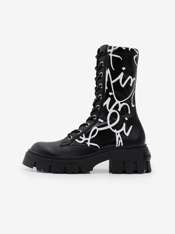 Desigual Schwarze gemusterte Desigual Base Stretch-Stiefel für Damen mit Schriftzug