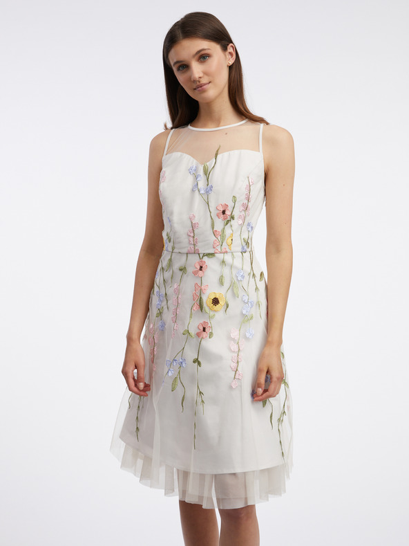 Orsay Cremefarbenes knielanges Kleid mit Blumenmuster für Damen ORSAY