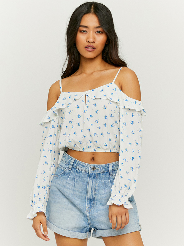 TALLY WEiJL Blau-weiß geblümte kurze Bluse mit Rüschen TALLY WEiJL