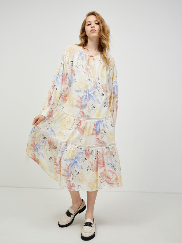 Vero Moda Cremefarbenes geblümtes Midikleid VERO MODA Sally