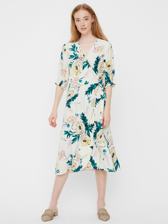 Vero Moda Cremefarbener geblümter Wickel-Midi VERO MODA Oline