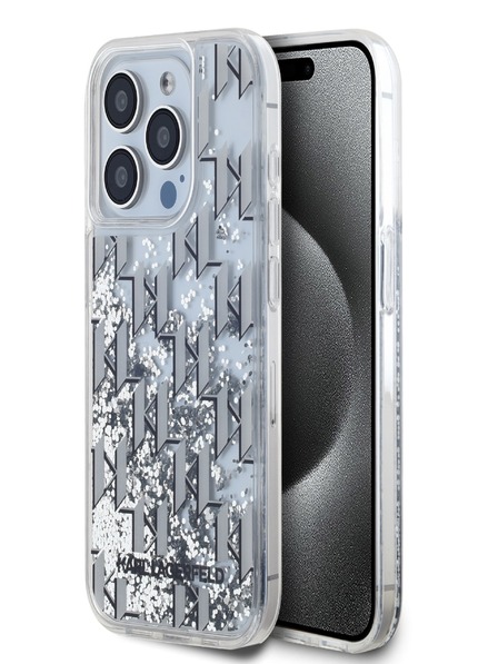 Karl Lagerfeld Liquid Glitter Monogram Gradient Back Cover für iPhone 15 Pro Weiß Karl Lagerfeld