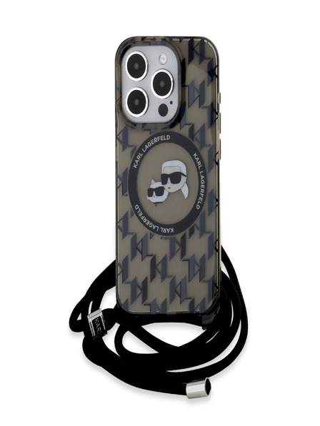 Karl Lagerfeld Karl Lagerfeld IML Monogram Crossbody K&CH Heads MagSafe Back Cover für iPhone 15 Pro Schwarz