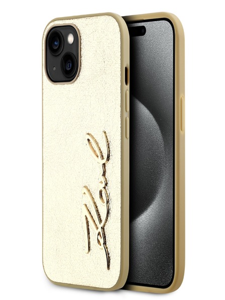Karl Lagerfeld Faltenreiche PU Signature Logo-Hülle für iPhone 15 Gold Karl Lagerfeld