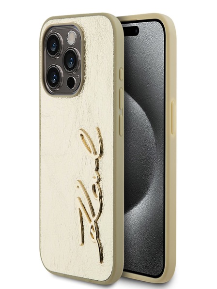 Karl Lagerfeld Faltenreiche PU Signature Logo Rückseite für iPhone 15 Pro Gold Karl Lagerfeld