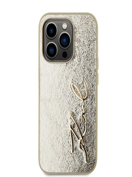 Karl Lagerfeld Faltenreiche PU Signature Logo Rückseite für iPhone 15 Pro Gold Karl Lagerfeld