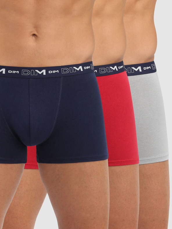 DIM Dreier-Set Herren-Boxershorts in Dunkelblau, Rot und Hellgrau Dim COTTON STRETCH BOXER